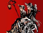  2girls arknights bangs blonde_hair bloodborne blunt_bangs bonnet closed_eyes hat highres horns lantern long_hair multiple_girls nightingale_(arknights) osakana_(denpa_yun&#039;yun) plain_doll red_background simple_background sitting sketch staff wheelchair 