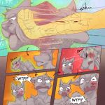  1:1 akitokit anthro black_text canid canine collarbone comic directional_arrow fur gesture hi_res mammal monotone_body monotone_ears monotone_fur onomatopoeia open_mouth pointing punch sound_effects text violence 