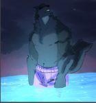  anthro canid canine canis clothing dark_background dark_clouds goonie-san knee_deep light lighting looking_up male mammal solo swimming_trunks swimwear water wolf 