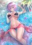  1girl absurdres bare_shoulders bikini blush breasts cleavage collarbone fate/grand_order fate_(series) hair_over_one_eye highres huge_filesize large_breasts lavender_hair looking_at_viewer mash_kyrielight navel penguintake purple_eyes short_hair solo swimsuit water 