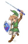  alpaca-carlesi belt blonde_hair blue_eyes boots clothing footwear hair hat headgear headwear humanoid humanoid_pointy_ears hylian link male melee_weapon nintendo not_furry shield signature simple_background smile solo sword the_legend_of_zelda video_games weapon 