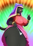  2020 anthro big_breasts black_body black_fur breasts clothing fangs felid female fur gesture green_sclera half-closed_eyes hi_res lonbluewolf looking_at_viewer mammal narrowed_eyes open_mouth pantherine panties solo teeth thick_thighs tongue underwear v_sign yellow_eyes 