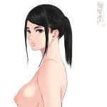  1girl artist_logo bangs black_eyes black_hair breasts from_side large_breasts looking_at_viewer looking_to_the_side nipples nude original ponytail shu-mai solo swept_bangs upper_body 