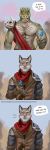  &lt;3 1:3 7theaven abs absurd_res anthro argonian armor bethesda_softworks clothed clothing comic duo eating english_text felid feline flower gloves handwear hi_res humor khajiit male male/male mammal muscular muscular_arms muscular_male onomatopoeia open_mouth pecs plant raj-mota_rus_(character) romantic_ambiance scalie scarf simple_background sound_effects speech_bubble stuttering teeth text the_elder_scrolls tongue video_games whisker_spots whiskers zah&#039;ari_(character) 