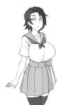  1girl :/ bag breasts collarbone commentary cowboy_shot english_commentary eyebrows_visible_through_hair eyes_visible_through_hair greyscale large_breasts looking_at_viewer monochrome original pleated_skirt saya_(twrlare) school_uniform short_hair short_sleeves simple_background skirt solo tented_shirt thighhighs twrlare 