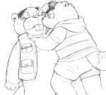  2020 animal_crossing anthro beaver bodily_fluids bottomwear c.j._(animal_crossing) chip_(animal_crossing) clothing duo eyewear glasses hoodie humanoid_hands kemono male mammal monochrome nintendo overweight overweight_male rodent shorts simple_background sweat topwear video_games wantaro white_background 