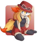  alpha_channel blonde_hair blue_eyes bottomwear braixen clothing ear_tuft eyewear female glasses hair hat headgear headwear human human_to_anthro legwear looking_down lornext mammal nintendo pok&eacute;mon pok&eacute;mon_(species) red_background red_nose serena_(pok&eacute;mon) simple_background sitting skirt solo species_transformation topwear transformation tuft video_games yellow_body 