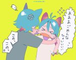  &gt;_&lt; 1boy 1girl =3 anger_vein angry animal_ears antenna_hair aqua_hair bangs brother_and_sister cat_boy cat_ears cat_girl cheek_pinching cheek_pull closed_eyes d: dx facing_away facing_viewer fangs flying_sweatdrops furrowed_eyebrows green_background grey_shirt hair_between_eyes hands_up long_hair niwabuki no_nose noshime_ruka open_mouth original pinching satonaka_kei shiny shiny_hair shirt short_sleeves siblings signature simple_background speech_bubble sweat tears translation_request upper_body white_shirt 