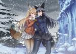  2girls animal_ears black_gloves black_legwear black_skirt blue_jacket breast_pocket breasts brown_gloves commentary commentary_request extra_ears eyebrows_visible_through_hair ezo_red_fox_(kemono_friends) forest fox_ears fox_tail fur-trimmed_sleeves fur_trim gloves gradient gradient_legwear grey_hair highres holding holding_arm jacket kemono_friends long_hair looking_at_another looking_back looking_to_the_side medium_breasts multiple_girls nature open_mouth orange_jacket outdoors pocket riro_(breakthrough_rr) silver_fox_(kemono_friends) skirt snow snowing tail white_legwear white_neckwear white_skirt 