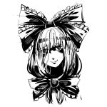  bags_under_eyes bangs blunt_bangs bow bowtie closed_mouth frilled_bow frills front_ponytail greyscale hair_bow head_tilt kagiyama_hina long_hair looking_at_viewer monochrome ruukii_drift shaded_face simple_background smile solo touhou white_background 
