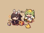  2girls akashi_(azur_lane) animal_ears azur_lane bangs bird black_hair black_kimono blush bunny_ears cat_ears chick commentary_request fake_animal_ears green_hair grey_background hair_between_eyes hair_ornament hair_over_one_eye hat ino_futon japanese_clothes kimono long_hair long_sleeves manjuu_(azur_lane) multiple_girls open_mouth painting red_eyes shiranui_(azur_lane) simple_background sleeves_past_wrists translation_request very_long_hair yellow_headwear 