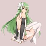  1boy absurdres arm_support backless_dress backless_outfit bangs black_panties blush bow bridal_gauntlets china_dress chinese_clothes crossdressing dress enkidu_(fate/strange_fake) eyebrows_visible_through_hair fate/strange_fake fate_(series) full_body green_eyes green_hair hair_between_eyes hair_bow highres husun_wei long_hair looking_at_viewer looking_back male_focus nose_blush otoko_no_ko panties pink_background revealing_clothes sitting smile solo string_panties thighhighs underwear very_long_hair white_bow white_dress white_legwear 