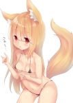  1girl animal_ear_fluff animal_ears areolae bangs bikini black_bikini blush breasts brown_hair collarbone commentary_request double_fox_shadow_puppet eyebrows_visible_through_hair fox_ears fox_girl fox_shadow_puppet fox_tail hair_between_eyes hands_up long_hair micro_bikini navel original parted_lips red_eyes sakuma_hiragi simple_background small_breasts solo swimsuit tail tail_raised translation_request very_long_hair white_background 