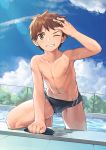  1boy arm_support arm_up bangs bare_chest blue_sky brown_eyes brown_hair bulge chain-link_fence climbing cloud collarbone day dripping dutch_angle fence grin hand_on_own_head highres knee_up lens_flare looking_at_viewer male_focus male_swimwear navel nipples one_eye_closed original outdoors pool poolside r-744 sky smile solo spiked_hair striped sunlight swim_briefs swim_cap swim_cap_removed swimwear tile_floor tiles vertical_stripes water wet 
