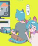  1boy 1girl animal_ears antenna_hair aqua_hair bangs blush_stickers brother_and_sister brown_pants cat_boy cat_ears cat_tail controller dot_nose facing_away game_console game_controller gamepad green_background grey_shirt grin hair_between_eyes hand_up holding holding_controller holding_game_controller indian_style long_hair looking_at_viewer monitor motion_lines niwabuki noshime_ruka one_eye_closed orange_eyes original pants playing_games satonaka_kei shiny shiny_hair shirt short_sleeves siblings signature sitting smile sparkle speech_bubble tail tareme television thumbs_up translation_request v-shaped_eyebrows video_game white_shirt 