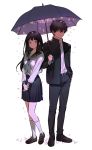  1boy 1girl black_footwear black_hair black_sailor_collar black_skirt blue_neckwear cherry_blossoms chitanda_eru couple gakuran green_eyes hands_together hetero highres hyouka kneehighs loafers long_hair mery_(apfl0515) messy_hair neckerchief open_clothes oreki_houtarou petals pleated_skirt purple_eyes sailor_collar school_uniform shoes simple_background skirt standing umbrella white_background white_legwear 