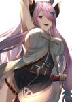  1girl arm_up armpits bangs belt blush breasts coat cover cover_page draph granblue_fantasy hair_ornament hair_over_one_eye highres holding horns large_breasts long_hair looking_at_viewer narmaya_(granblue_fantasy) open_mouth parted_bangs pink_hair pointy_ears purple_eyes sheath shiny shiny_hair shun&#039;en_(homura0620alicia) sidelocks simple_background sleeveless smile solo thigh_strap thighs white_background 