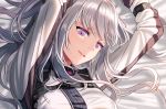  1girl ak-12_(girls_frontline) arms_up bangs bed_sheet girls_frontline long_hair long_sleeves lying on_back open_eyes open_mouth purple_eyes silence_girl silver_hair strap symbol-shaped_pupils tactical_clothes 