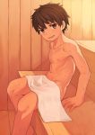  1boy arm_support backlighting bangs bare_chest blush brown_eyes brown_hair collarbone covering head_tilt indoors looking_at_viewer looking_to_the_side male_focus navel nipples nude_cover open_mouth original r-744 sauna sitting solo spiked_hair sweat towel white_towel wooden_wall 