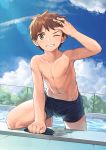  1boy arm_support arm_up bangs bare_chest blue_sky brown_eyes brown_hair bulge chain-link_fence climbing cloud collarbone crotch_seam day dripping dutch_angle fence grin hand_on_own_head hand_up highres knee_up lens_flare looking_at_viewer male_focus male_swimwear nipples one_eye_closed original outdoors pool poolside r-744 sky smile solo spiked_hair sunlight swim_briefs swim_cap swim_cap_removed swimwear tile_floor tiles water wet 