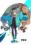  1girl absurdres aqua_eyes bangs bow dress eyebrows eyebrows_visible_through_hair facial_tattoo highlights highres jacket kurumitsu long_sleeves looking_at_viewer multicolored_hair original simple_background sleeves_past_wrists smile solo tattoo thick_eyebrows thighhighs winged_footwear 