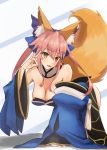  1girl absurdres animal_ear_fluff animal_ears artist_request barre blue_kimono blue_ribbon breasts cleavage collarbone detached_hair eyebrows_visible_through_hair fate/extra fate/extra_ccc fate/grand_order fate_(series) fox_ears fox_girl fox_shadow_puppet fox_tail hair_ribbon highres japanese_clothes kimono large_breasts pink_hair ribbon solo tail tamamo_(fate)_(all) tamamo_no_mae_(fate) yellow_eyes 