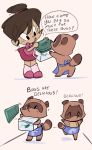  2020 animal_crossing anthro apron blush bottomwear brown_body brown_fur canid canine clothing comic english_text eyes_closed fur group hi_res human mammal nintendo popzotz raccoon_dog skirt tanuki text timmy_nook tommy_nook video_games 