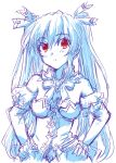  1girl bare_shoulders closed_mouth commentary_request detached_sleeves eyebrows_visible_through_hair frills hair_between_eyes hair_ornament hair_ribbon hands highres kow_seven long_hair looking_at_viewer neptune_(series) noire red_eyes ribbon simple_background sketch solo twintails upper_body white_background 