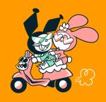  2020 anthro cigarette clothed clothing demon domestic_rabbit duo eyewear female flower fully_clothed fur glasses heart_glasses hi_res kuromi kyrakupetsky lagomorph leporid mammal motorcycle my_melody onegai_my_melody orange_background oryctolagus plant rabbit sanrio scut_tail simple_background sunglasses vehicle white_body white_fur 