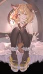  1girl absurdres animal_ears bare_shoulders betabeet black_legwear blonde_hair blush collarbone dog_ears dog_girl dog_tail erune eyebrows_visible_through_hair granblue_fantasy hair_ornament highres knees_together_feet_apart medium_hair pantyhose pantyhose_pull sitting solo tail vajra_(granblue_fantasy) yellow_eyes 