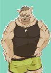  2020 anthro argent_cookie belly blue_background blush bulge canid canine canis clothing cute_fangs domestic_dog hi_res humanoid_hands kemono male mammal scar shirt simple_background slightly_chubby solo tokyo_afterschool_summoners topwear underwear undressing video_games yasuyori 
