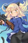  1girl animal_ears aohashi_ame bangs black_legwear blonde_hair blue_jacket blue_sky blunt_bangs bren_lmg cat_ears cat_tail cravat crotch_seam flying glasses gun highres holding holding_gun holding_weapon jacket long_hair long_sleeves looking_at_viewer machine_gun military military_uniform no_pants panties panties_under_pantyhose pantyhose perrine_h_clostermann sky smile solo strike_witches tail underwear uniform weapon white_neckwear wind world_witches_series yellow_eyes 