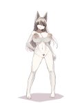  2019 animal_humanoid big_breasts breasts canid canid_humanoid esupu female genitals goo_creature goo_humanoid hair hi_res humanoid long_hair looking_at_viewer mammal mammal_humanoid nipples pussy simple_background smile solo standing white_background womb_tattoo 
