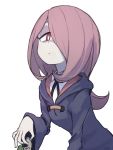  1girl commentary_request expressionless eyeshadow gazacy_(dai) hair_over_one_eye half-closed_eyes highres holding little_witch_academia long_hair looking_at_viewer luna_nova_school_uniform makeup mushroom pale_skin pink_hair red_eyes school_uniform simple_background solo sucy_manbavaran white_background wide_sleeves 