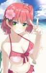  1girl absurdres ahoge bare_shoulders beach bikini blue_sky breasts cherry_blossom_print cherry_blossoms cleavage closed_mouth cloud collarbone eyebrows_visible_through_hair floral_print flower green_eyes groin hair_flower hair_ornament highres hololive kttmr_i outdoors pink_bikini pink_hair sakura_miko sky smile solo swimsuit v virtual_youtuber 