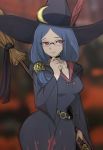  1girl artist_name black_choker blue_hair blurry blurry_background breasts broom choker commentary cowboy_shot crescent crescent_moon_pin glasses hair_tubes hand_on_own_chin hat hat_feather highres holding holding_broom light_smile little_witch_academia long_hair looking_to_the_side medium_breasts omiza_somi red_eyes red_feathers signature solo ursula_charistes watermark wide_sleeves witch witch_hat 