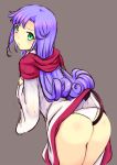  1girl ass blush curly_hair dragon_quest dragon_quest_ii dress highres katori_(mocchidou) long_hair long_sleeves looking_at_viewer panties princess_of_moonbrook purple_hair robe simple_background solo underwear 