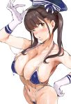  1girl 2t_(tanakatakuto) :o armpits bangs bare_shoulders bikini blue_bikini blunt_bangs blush breasts brown_eyes brown_hair cleavage collarbone commentary_request eyebrows_visible_through_hair from_above gloves halterneck hand_on_hip hat highres large_breasts micro_bikini navel one_eye_closed open_mouth original sailor_hat sidelocks sweat swimsuit twintails wet white_gloves 