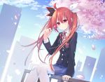  1girl absurdres black_jacket black_ribbon blazer blue_skirt blue_sky building cherry_blossoms cityscape cloud cloudy_sky commentary_request date_a_live day hair_between_eyes hair_ribbon highres holding_lollipop itsuka_kotori jacket long_hair looking_at_viewer miniskirt mo_(pixiv9929995) outdoors pantyhose pleated_skirt red_eyes red_hair ribbon school_uniform shirt sitting_on_railing skirt sky skyscraper smile solo twintails very_long_hair white_legwear white_ribbon white_shirt 