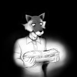  anthro beastars black_background bodily_fluids canid canine canis clothing comic drooling food hi_res hladilnik holding_food holding_object legoshi_(beastars) light looking_down male mammal polo_shirt saliva sandwich_(food) shirt simple_background solo topwear wolf 