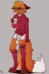  2020 2:3 4_toes anthro big_tail black_claws blonde_hair boxers_(clothing) brown_body brown_fur brown_markings brown_nose bulge canid canine claws clothing cup digital_media_(artwork) dipstick_tail english_text facial_markings fangs fluffy fluffy_tail fox front_view fuf full-length_portrait fur green_eyes grey_background grumpy hair head_markings hi_res holding_cup holding_object hoodie leg_warmers legwear long_tail looking_at_viewer male mammal markings multicolored_body multicolored_fur multicolored_tail orange_body orange_fur orange_tail pink_clothing pink_legwear pink_topwear portrait short_hair signature simple_background solo standing text toe_claws toes topwear two_tone_tail underwear white_body white_clothing white_fur white_tail white_underwear 