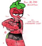  after_exercise athletic athletic_female bodily_fluids bottomwear bra cartoon_network clothing dialogue drupe_(ok_k.o.!_lbh) elemental_creature elemental_humanoid female flora_fauna food food_creature food_humanoid fruit fruit_juice gym_clothing humanoid living_fruit midriff not_furry ok_k.o.!_let&#039;s_be_heroes pitcher plant plant_humanoid red_body red_skin shorts solo sonikku_(artist) sports_bra steam strawberry sweat underwear 