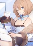  1girl absurdres bare_shoulders blanc blancpig_yryr blue_eyes book breasts brown_hair collarbone cup dress fur_trim hat highres jacket light_smile neptune_(series) one_eye_closed short_hair small_breasts solo spaghetti_strap teacup white_dress white_jacket 