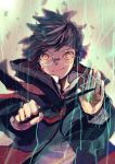  1boy absurdres bangs black_hair blood blood_on_face coat cuts debris glasses gryffindor harry_potter highres hogwarts_school_uniform holding holding_wand huge_filesize injury james_potter long_sleeves looking_at_viewer magic male_focus maru_(hardrock5150) orange_eyes outstretched_arms round_eyewear school_uniform smile smirk solo swept_bangs upper_body wand 