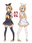  2girls bare_arms bare_shoulders black_dress black_legwear black_ribbon black_sailor_collar blonde_hair blue_eyes blush closed_mouth dress dual_persona frilled_dress frills hair_ornament hair_ribbon hairclip headphones kagamine_rin kneehighs loafers multiple_girls neckerchief nuno_(pppompon) orange_neckwear parted_lips red_eyes ribbon sailor_collar sailor_dress shoes simple_background sleeveless sleeveless_dress thighhighs treble_clef vocaloid vocaloid_(sour-type_ver) white_background white_dress white_legwear white_ribbon white_sailor_collar x_hair_ornament yellow_footwear 