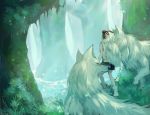  1girl animal breasts brown_hair facepaint forest fur highres mask mononoke_hime nature san short_hair water wolf 