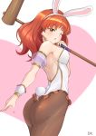  1girl animal_ears armband ass back backless_outfit bare_shoulders black_legwear blush breasts brown_eyes bunny_ears bunny_girl bunny_tail bunnysuit celica_(fire_emblem) chestnut_mouth deekei earrings fake_animal_ears fake_tail fingernails fire_emblem fire_emblem_echoes:_shadows_of_valentia hammer heart highres jewelry leotard long_hair looking_at_viewer looking_back one_eye_closed open_mouth pantyhose red_hair simple_background solo strapless strapless_leotard tail white_leotard wrist_cuffs 