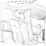  1:1 anthro beastars canid canine canis dialogue furniture hi_res hiding hladilnik legoshi_(beastars) male mammal monochrome offscreen_character sketch table under_table wolf 