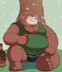  2020 anthro belly brown_body brown_fur bulge clothing dragon_quest fur kemono male mammal orc_(dragon_quest) outside overweight overweight_male paqaaqap robe sitting solo square_enix suid suina sus_(pig) underwear video_games wild_boar 