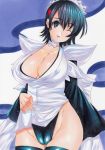  1girl absurdres ass_visible_through_thighs bangs black_eyes black_hair black_legwear breasts cameltoe choker cleavage collarbone commentary_request covered_nipples fingernails hair_ornament hairclip highleg highres iroha_(samurai_spirits) japanese_clothes large_breasts lifted_by_self long_sleeves looking_at_viewer maid_headdress nauz4224 one_eye_closed open_mouth samurai_spirits shiny shiny_clothes shiny_skin short_hair simple_background smile solo thighhighs thighs traditional_media wide_sleeves 